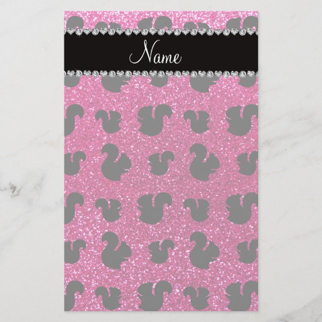 Personalised name neon hot pink glitter squirrel stationery (Front)