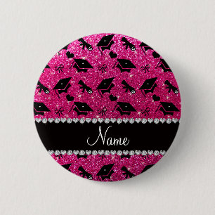 Personalised name neon hot pink graduation hearts 6 cm round badge