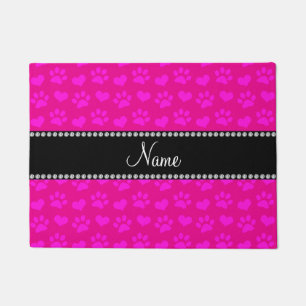 Personalised name neon hot pink hearts and paws doormat