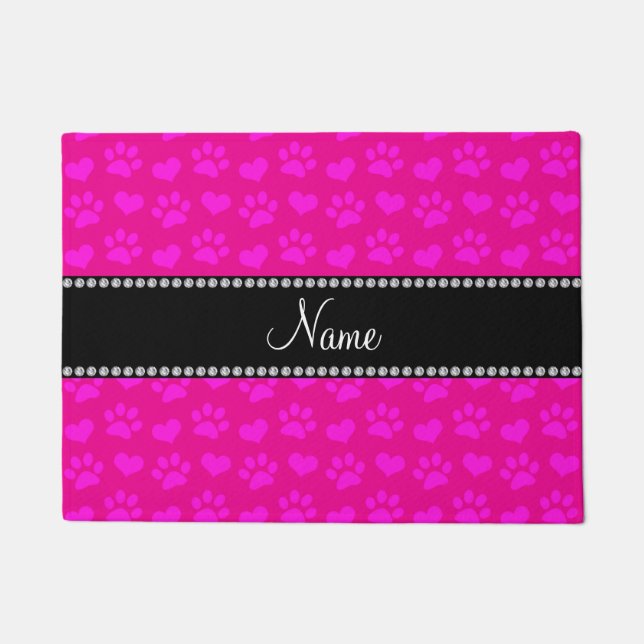 Personalised name neon hot pink hearts and paws doormat (Front)