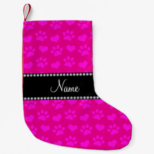 Personalised name neon hot pink hearts and paws small christmas stocking