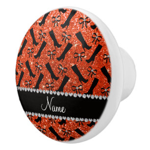 Personalised name neon orange glitter boots bows ceramic knob