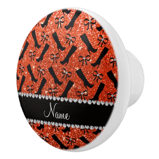 Personalised name neon orange glitter boots bows ceramic knob (Right)