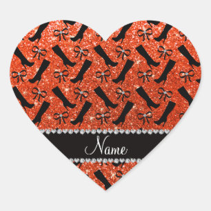 Personalised name neon orange glitter boots bows heart sticker