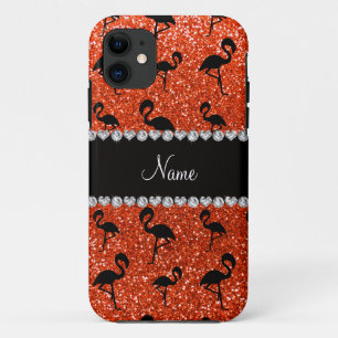 Personalised name neon orange glitter flamingos iPhone 11 case