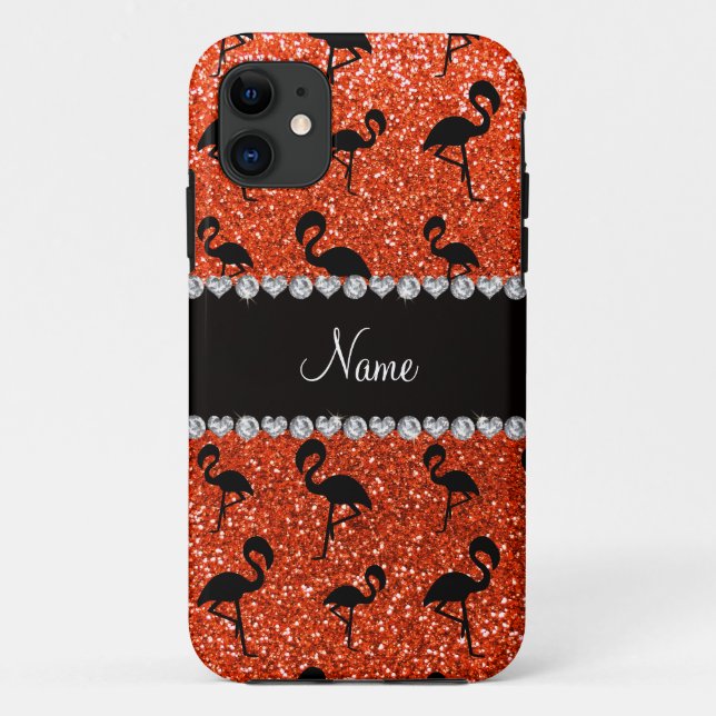 Personalised name neon orange glitter flamingos Case-Mate iPhone case (Back)