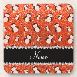 Personalised name neon orange glitter penguins coaster