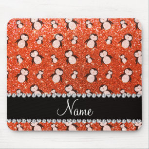 Personalised name neon orange glitter penguins mouse mat