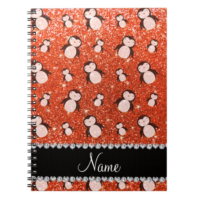 Personalised name neon orange glitter penguins notebook (Front)
