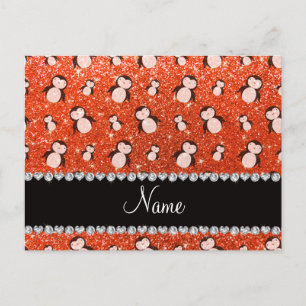 Personalised name neon orange glitter penguins postcard