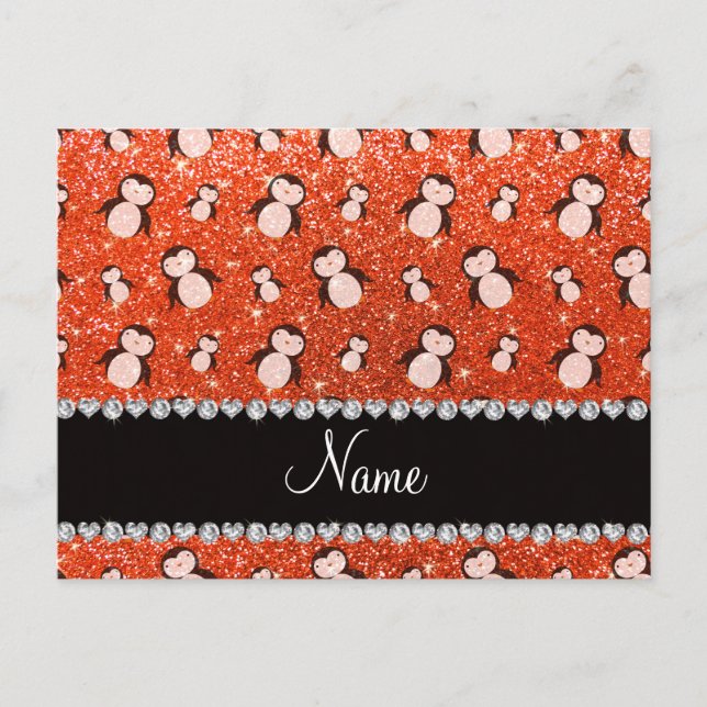 Personalised name neon orange glitter penguins postcard (Front)
