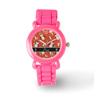 Personalised name neon orange glitter penguins watch