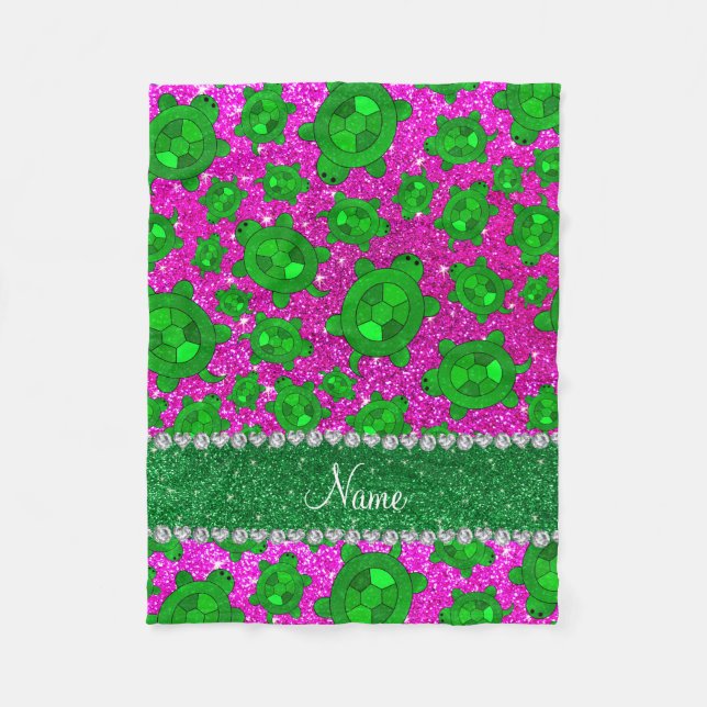Personalised name neon pink glitter sea turtles fleece blanket (Front)