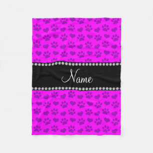 Personalised name neon pink hearts and paw prints fleece blanket