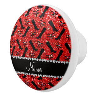 Personalised name neon red glitter boots bows ceramic knob