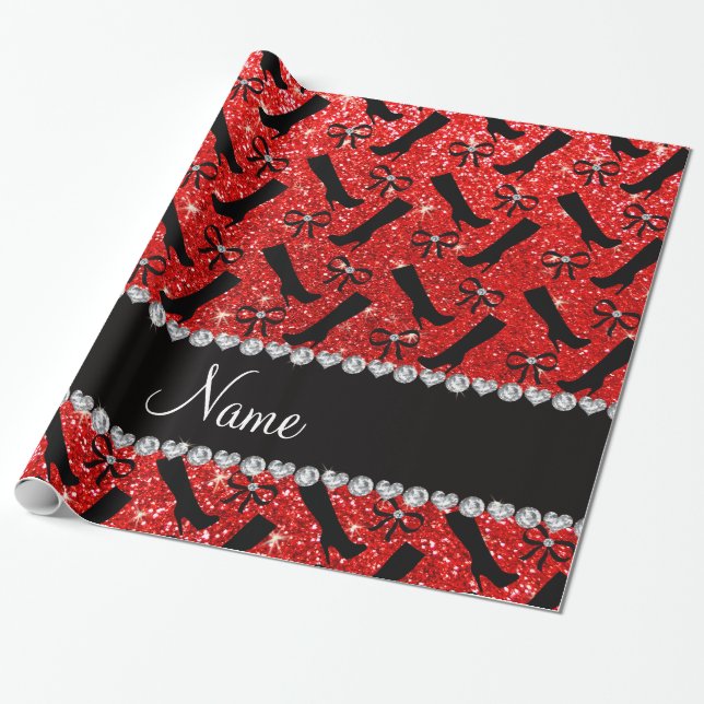 Personalised name neon red glitter boots bows wrapping paper (Unrolled)