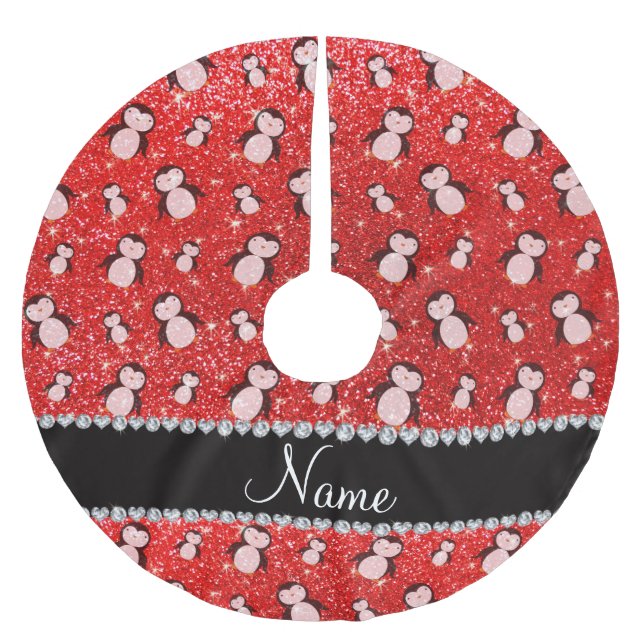 Personalised name neon red glitter penguins brushed polyester tree skirt (Front)