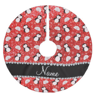 Personalised name neon red glitter penguins igloos brushed polyester tree skirt