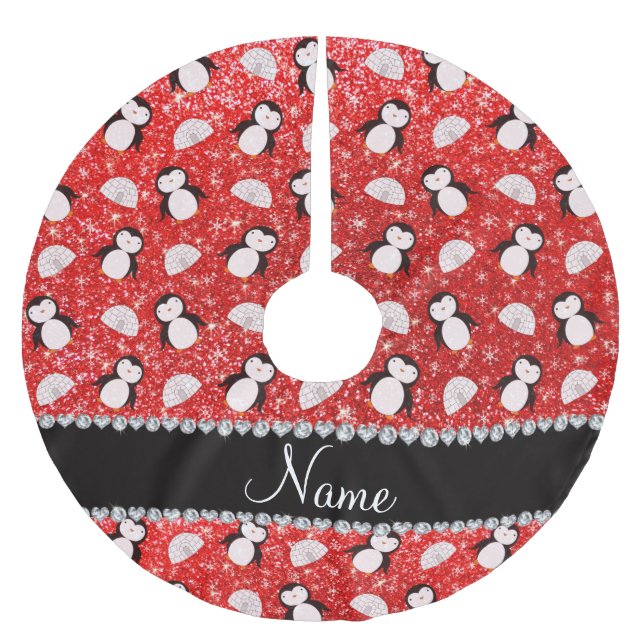 Personalised name neon red glitter penguins igloos brushed polyester tree skirt (Front)