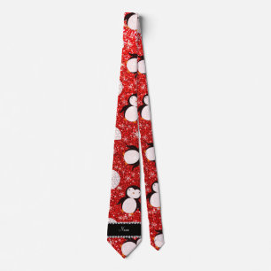 Personalised name neon red glitter penguins igloos tie