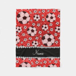 Personalised name neon red glitter soccer fleece blanket