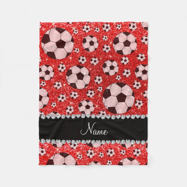 Personalised name neon red glitter soccer fleece blanket (Front)