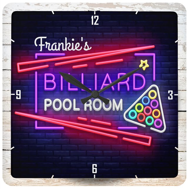 Personalised NAME Neon Style Billiards Pool Table Square Wall Clock (Creator Uploaded)