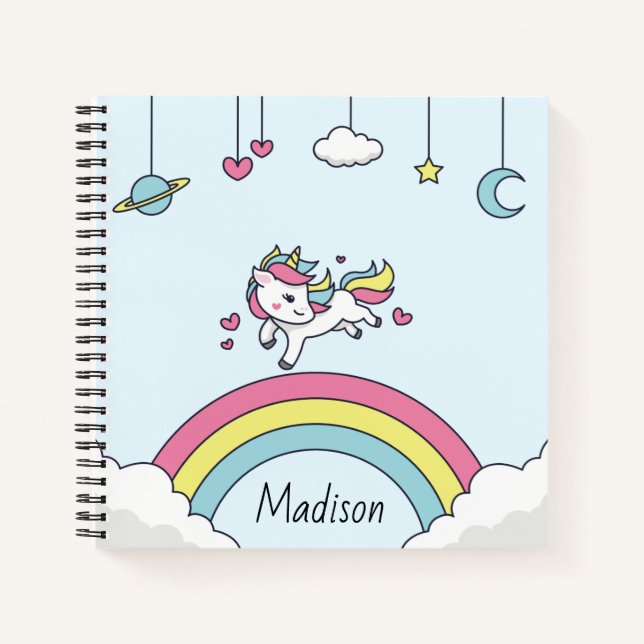 Personalised Name Notebook with Unicorn on Rainbow (Front)