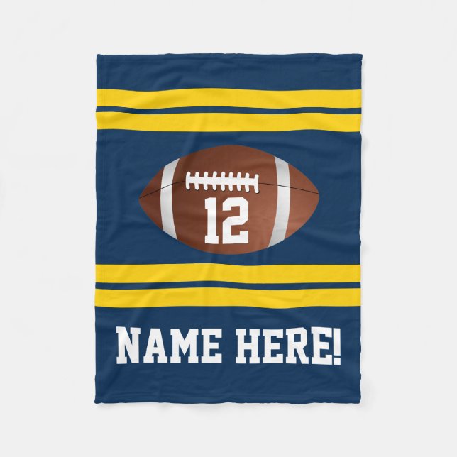 Personalised Name Number Gold/Navy Blue Football Fleece Blanket (Front)