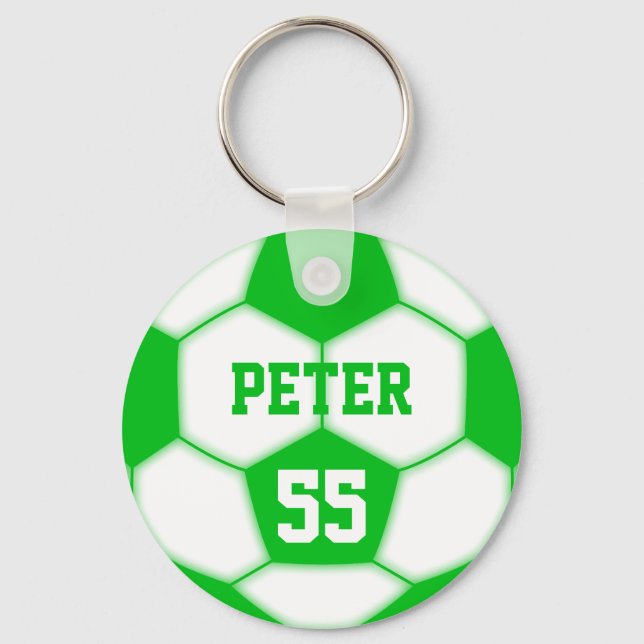 Personalised Name Number Green Soccer Ball Key Ring (Front)