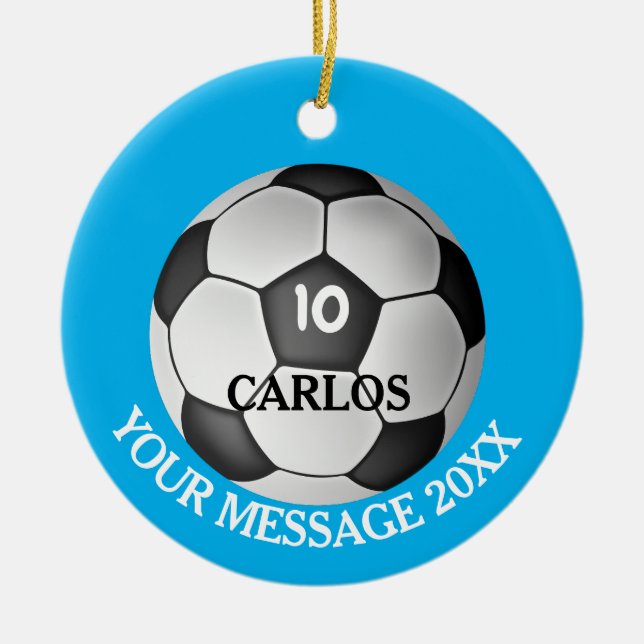 Personalised Name Number Message Soccer Ball Ceramic Tree Decoration (Front)
