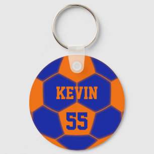 Personalised Name Number Orange Blue Soccer Ball Key Ring