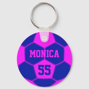 Personalised Name Number Pink Blue Soccer Ball Key Ring