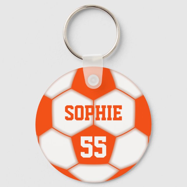 Personalised Name Number Red Soccer Ball Key Ring (Front)