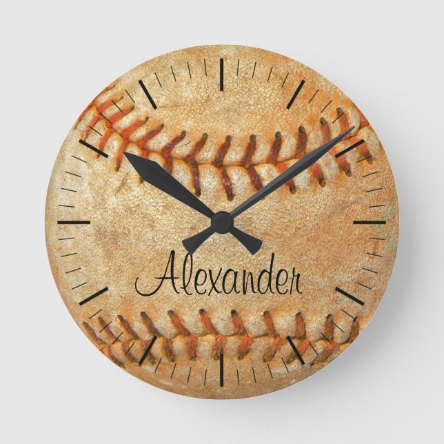 Personalised name & number White Baseball  Round Clock (Front)