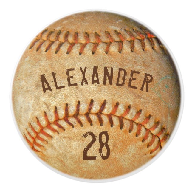 Personalised Name & Number White Baseball Sports Ceramic Knob (Front)