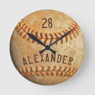 Personalised Name & Number White Baseball Sports  Round Clock