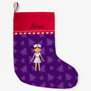 Personalised name nurse purple christmas trees small christmas stocking