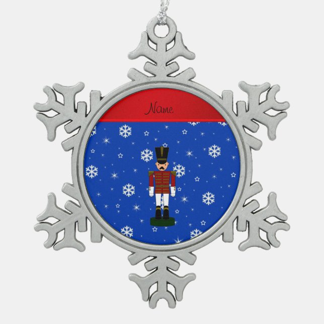 Personalised name nutcracker blue snowflakes snowflake pewter christmas ornament (Front)