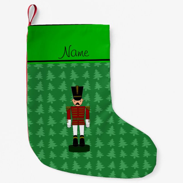Personalised name nutcracker green Christmas trees Small Christmas Stocking (Front)