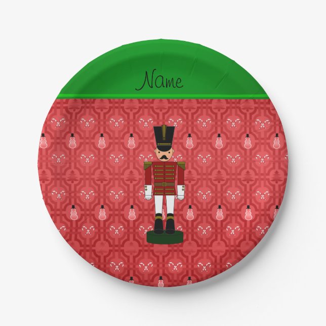 Personalised name nutcracker red snowman trellis paper plate (Front)