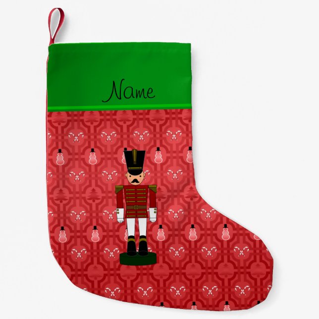 Personalised name nutcracker red snowman trellis small christmas stocking (Front)