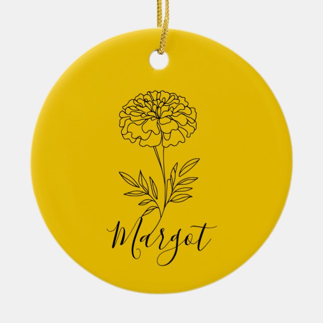 Personalised Name October Marigold Birth Flower  Ceramic Tree Decoration (Front)