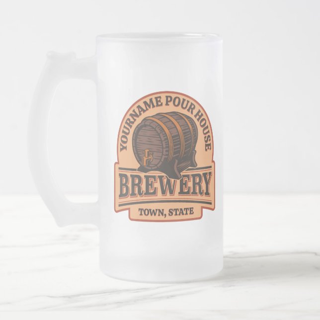 Personalised NAME Old Oak Barrel Beer Keg Brewery  Frosted Glass Beer Mug (Left)