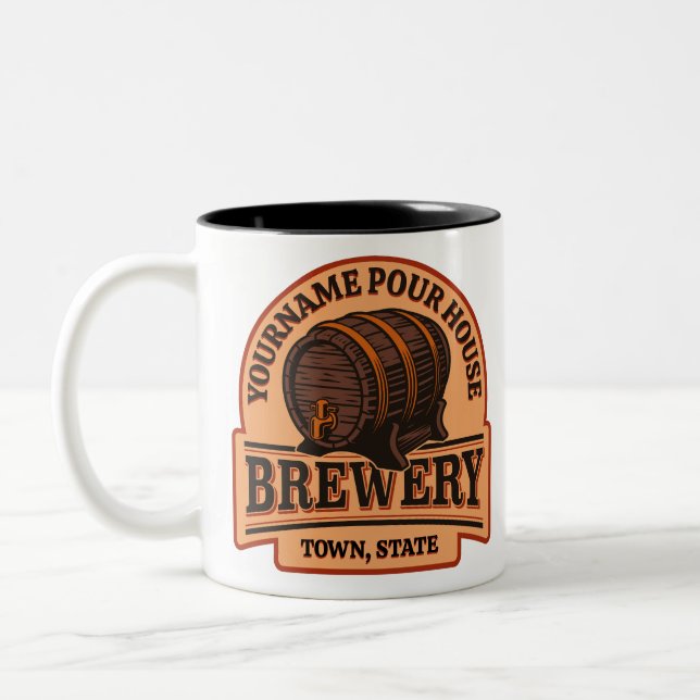 Personalised NAME Old Oak Barrel Beer Keg Brewery Two-Tone Coffee Mug (Left)