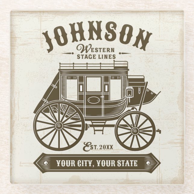 Personalised NAME Old Western Stagecoach Carriage Glass Coaster (Front)