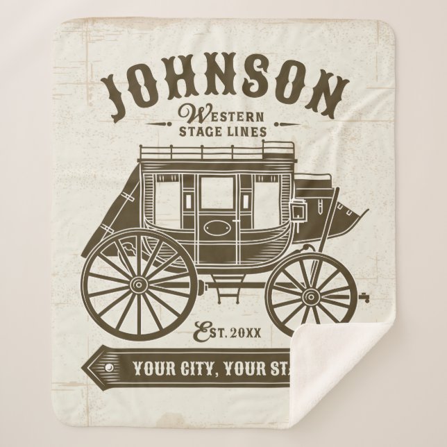 Personalised NAME Old Western Stagecoach Carriage Sherpa Blanket (Front)