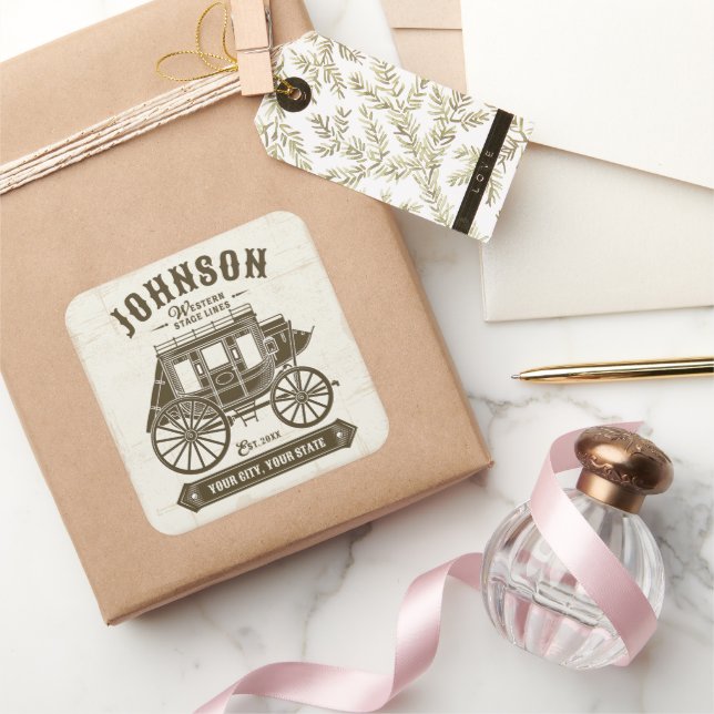 Personalised NAME Old Western Stagecoach Carriage Square Sticker (Gifting)