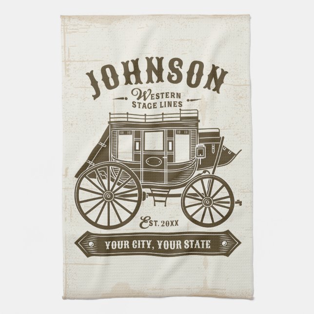 Personalised NAME Old Western Stagecoach Carriage Tea Towel (Vertical)