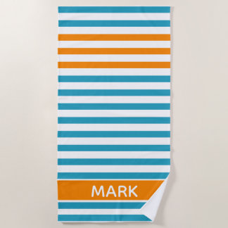 Personalised Name Orange Blue White Multi Stripe Beach Towel
